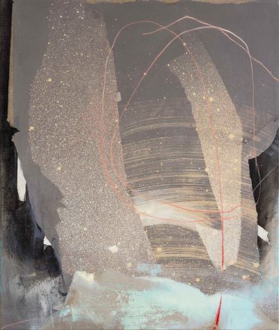 Präteritum I - 2015, Paper, bleach, oil, charcoal, colored pencil on linen, 70 x 60 cm 