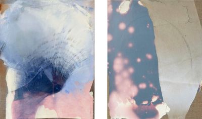 Singularity I - Birth and Death of a Galaxy / diptych - 2019, Paper, bleach, graphite, oil on linen, 50 x 40 cm each 