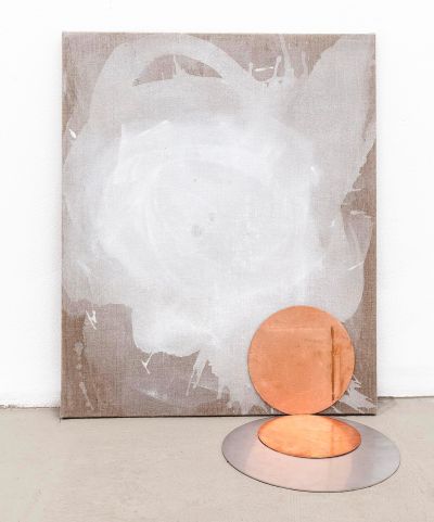 Sonnensturm - 2013, Acrylics on linen, copper and metal discs, copper foil on grey cardboard, 70 x 60 x 15 cm, Installation view: Das Fünfte Element 