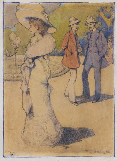 In the Park/W parku, Munich or Lwów 1910. Watercolour over pencil on board, 46 x 33 cm, signed bottom right: Stefanowicz [1]910, at auction (Agra Art, Warsaw 2019)