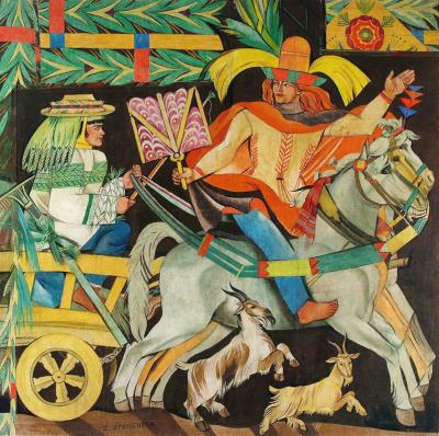 Jahreszeiten: Januar-Februar (Festzug II – mit Pferden)/Pory roku. Styczeń-luty (Korowód II – z końmi), 1925. Tempera auf Leinwand, 177 x 180 cm