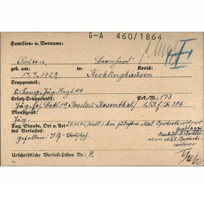 Burial notification document for Bernhard Switon, copy 2000 - Burial notification document for Bernhard Switon, copy 2000, Original in: German Federal Archives; Berlin, Ger-many; Register of casualty and burial notifications of fallen German soldiers 1939-1945 (-1948), Federal Archives file B 563-2. 
