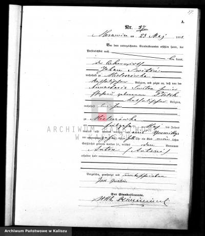 Anton Switon’s birth certificate, 23/5/1891; black and white copy - Anton Switon’s birth certificate, 23/5/1891; black and white copy, obtained from Dorota Ciernia on 17/11/2020; Original owned by Kalisz National Archives 