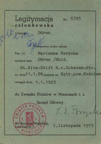 Mitgliedausweis des Bundes der Polen in Deutschland e.V. von Marianna Forycka, Innenseite links.