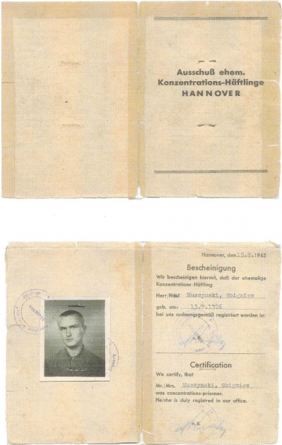 Zbigniew Muszyński: Certificate of former concentration camp inmates - Zbigniew Muszyński: Certificate of former concentration camp inmates. 