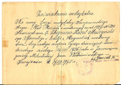 Zbigniew Muszyński´s birth certificate - Zbigniew Muszyński´s birth certificate. 