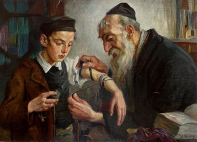 Vor der Barmitzvah (Alter Mann beim Anlegen der Teffilin an den Arm eines Jungen)