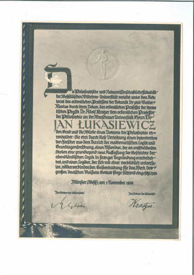 Dyplom przyznania tytułu doktora honoris causa Janowi Łukasiewiczowi wystawiony 1 listopada 1938 r. 