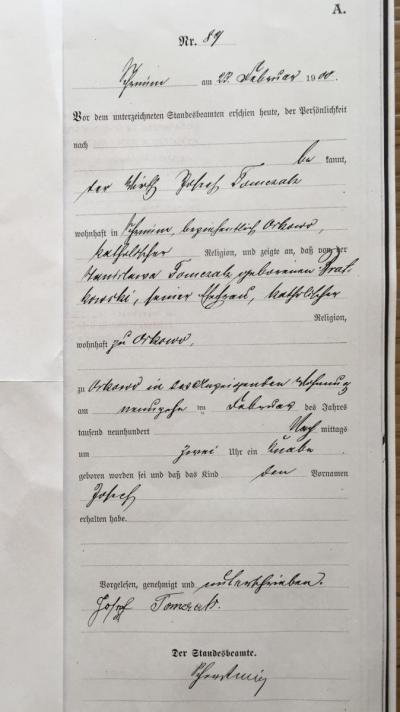 The birth certificate of Józef Tomczak