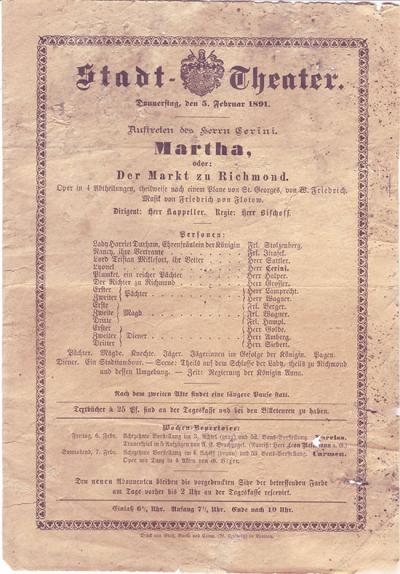Plakat des Breslauer Stadttheaters mit Cerini - 5.2.1891. 