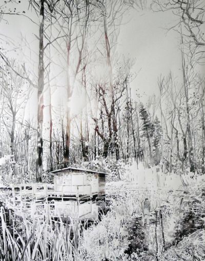 Chata nad jeziorem w lesie - Chata nad jeziorem w lesie , Małgosia Jankowska, 2015, akwarela, pisak na papierze, 150 x 120 cm. 