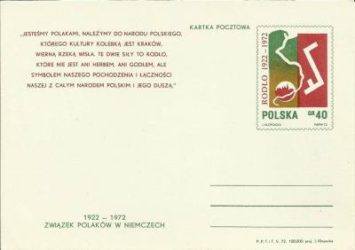 1972 - Postkarte nach dem Entwurf von Janina Kłopocka herausgegeben anlässlich des 50. Jahrestags der Gründung des Bundes der Polen in Deutschland.