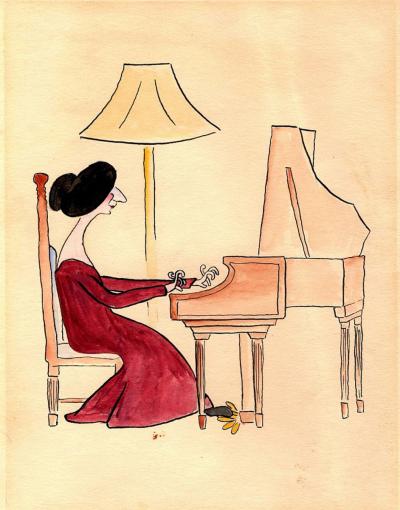 Wanda Landowska, anonymous caricature ca. 1930, water-coloured pen drawing.