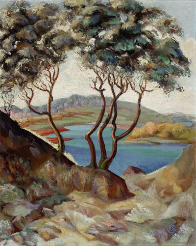 Kompozycja krajobrazowa (Szmaragdowe jezioro), 1933, olej na płótnie, 55 x 44,5 cm, Muzeum Narodowe w Warszawie, nr inw. MPW 3029
