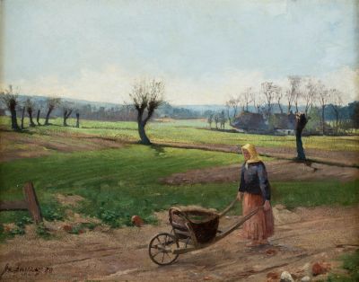 Frau mit Karre vor einer Dorflandschaft/Pejzaż wiejski z kobietą ciągnącą wózek, 1890