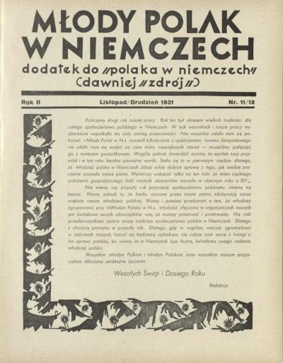 Erste Seite der November-/Dezemberausgabe des „Młody Polak w Niemczech“ 1931.