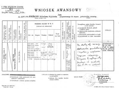 Wniosek awansowy ppor. rez. Bolesława Wojciecha Jana Mowińskiego do stopnia porucznika, 1935 r.