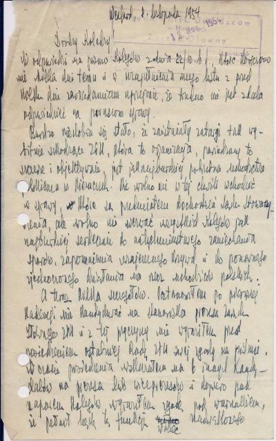 Last letter from Major Dr Bolesław Zawalicz-Mowiński, 1954