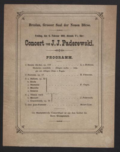 Konzert in Breslau am 6.2.1891 - Das Programm zum Konzert von Ignacy Jan Paderewski in Breslau am 6. Februar 1891 in der Neuen Börse. 