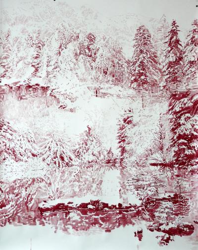 Jezioro zimą, Małgosia Jankowska, 2015, akwarela, pisak na papierze, 150 x 120 cm.