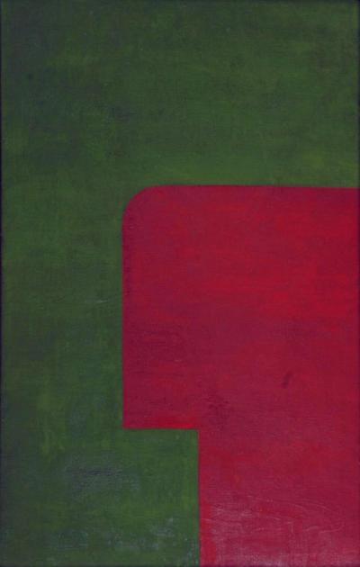 Strzemiński Władysław (ur. w 1893 r. w Mińsku, zm. w 1952 r. w Łódzi): Zielono-czerwona architektura, 1928. Olej na tekturze, 48 x 30 cm; Nr inwentarzowy 2071