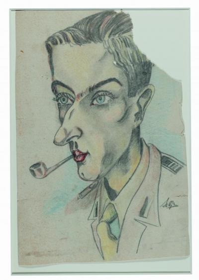 Józef Szajna, Porträt von Stefan Sękowski, Maczków (Haren), 1946, Farbstifte auf Papier, 38 x 27 cm.
