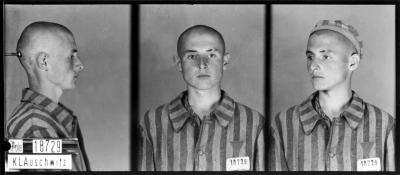 Więzień nr 18729 Józef Szajna w obozie koncentracyjnym Auschwitz, 1941.