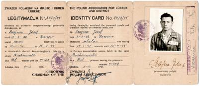 Józef Szajna: Ausweis des Bundes der Polen für die Stadt und Region Lübeck vom 9.10.1945, der seine Inhaftierung im KZ Buchenwald als Häftling Nr. 41408 bescheinigt.