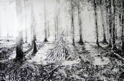 Dwóch w lesie, Małgosia Jankowska, 2014, akwarela, pisak na papierze, 100 x 150 cm.