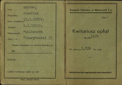 Quittungsbuch (Kwitariusz) des Bundes der Polen in Deutschland, 1939