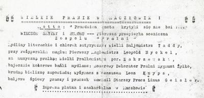 Program wieczoru satyrycznego „Wielkie Pranie w Maczkowie“ - Program wieczoru satyrycznego „Wielkie Pranie w Maczkowie“ z Archiwum Aleksandry Sękowskiej, 1946 r. 