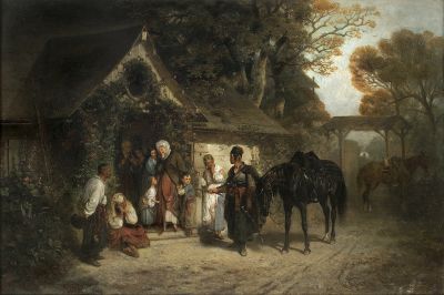 Powrót bez pana (Powrót sługi), Monachium 1868, olej na płótnie, 59 x 88,5 cm, wystawiony na aukcji (Agra Art, Warszawa, 2016)