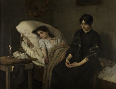 Tod einer Waise/Śmierć sieroty, München 1884. Öl auf Leinwand, 133 x 174 cm