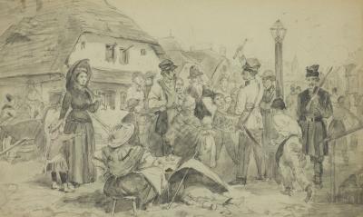 Marktplatz – Genreszene/Plac targowy – Scena rodzajowa, 1885. Bleistiftzeichnung, laviert, 20 x 33,4 cm