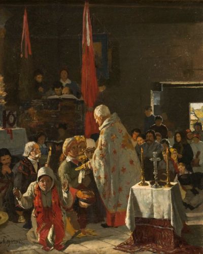 Szene in der Kirche (Kommunion in einer orthodoxen Kirche)/Scena w kościele (Komunia w cerkwi), undatiert. Öl auf Leinwand, 45,5 x 38 cm