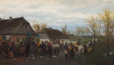 W małym miasteczku, Monachium, ok. 1880, olej na płótnie, 70 x 118 cm, wystawiony na aukcji (DESA Unicum, Warszawa, 2009)