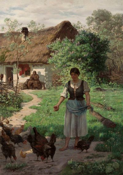Dziewczyna wiejska karmiąca kury, Monachium 1888, olej na płótnie, 102 x 74 cm, Muzeum Narodowe w Warszawie, nr inw. 33335 MNW