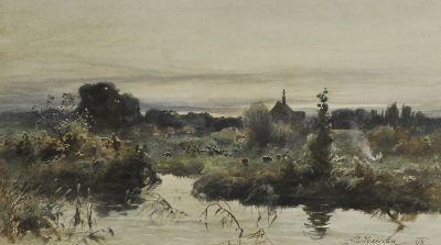 Abend am Teich/Wieczór nad stawem, 1894. Aquarell auf Papier, 24,5 x 43 cm, im Auktionshandel (Desa Unicum, Warschau, 2017)