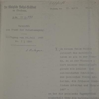 State of the Polish movement in Westphalia, report from 1912 - Report on the state of the Polish movement in Rhineland and Westphalia and other areas of the German Reich and neighbouring countries in 1912, author: Bochum Police Commissioner Gerstein. 