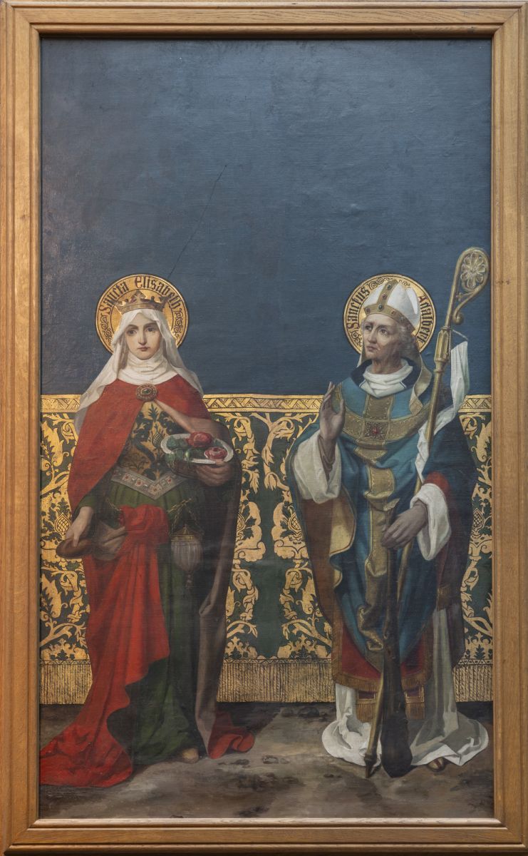 Elisabeth von Thüringen und Adalbert von Gnesen. Altarbild in der katholischen Kirche in Herne-Röhlinghausen (Teilansicht). Die Keule in der linken Hand deutet auf den Märtyrertod des Missionsbischofs hin. 2023