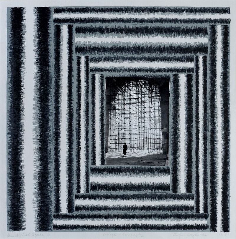 Artymowska Zofia (ur. w 1923 r. w Krakowie, zm. 2000 w Warszawie): Multiplied Space IX, 1981. Sitodruk, kolaż 60,8 x 49,7 cm (41,6 x 41,1 cm)