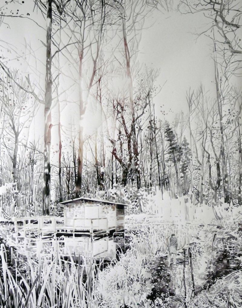Chata nad jeziorem w lesie , Małgosia Jankowska, 2015, akwarela, pisak na papierze, 150 x 120 cm.